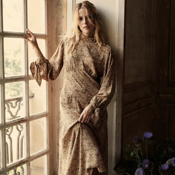 Doen Alda Dress in Lady Emma Floral Printed Long Sleeve Pleated Silk M - Picture 4 of 4